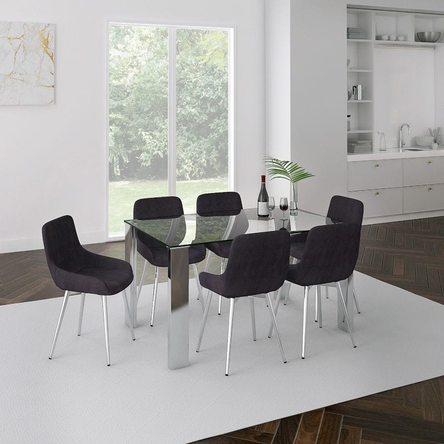 Frankfurt/Cassidy 7pc Dining Set in Chrome with Black Chairs - Henderson Furniture Plus