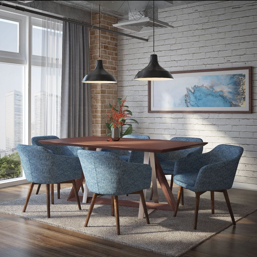 Drake/Minto 7pc Dining Set in Walnut with Blue Chair - Henderson Furniture Plus