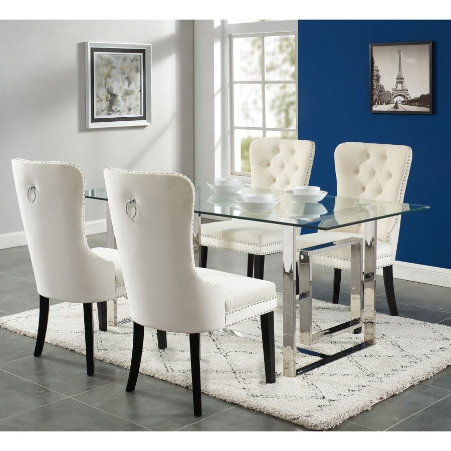Eros/Rizzo 5pc Dining Set in Chrome with Ivory Chairs - Henderson Furniture Plus