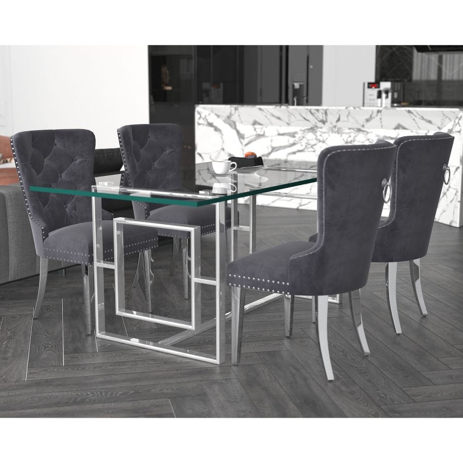Eros/Hollis 7pc Dining Set in Silver with Grey Chair - Henderson Furniture Plus