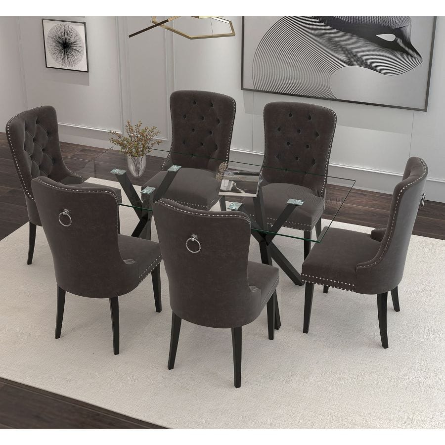 Stark/Rizzo 7pc Dining Set in Black with Grey Velvet Chair - Henderson Furniture Plus
