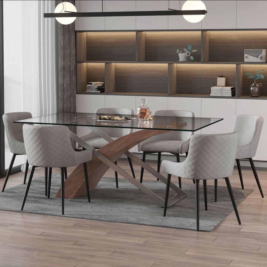 Veneta/Bianca 7pc Dining Set in Walnut with Black & Grey Chairs - Henderson Furniture Plus